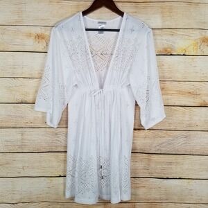 Dotti Swim Cover Up Womens Sz S ‎ Eyelet Crochet Tunic White Dress Top Tie Waist
